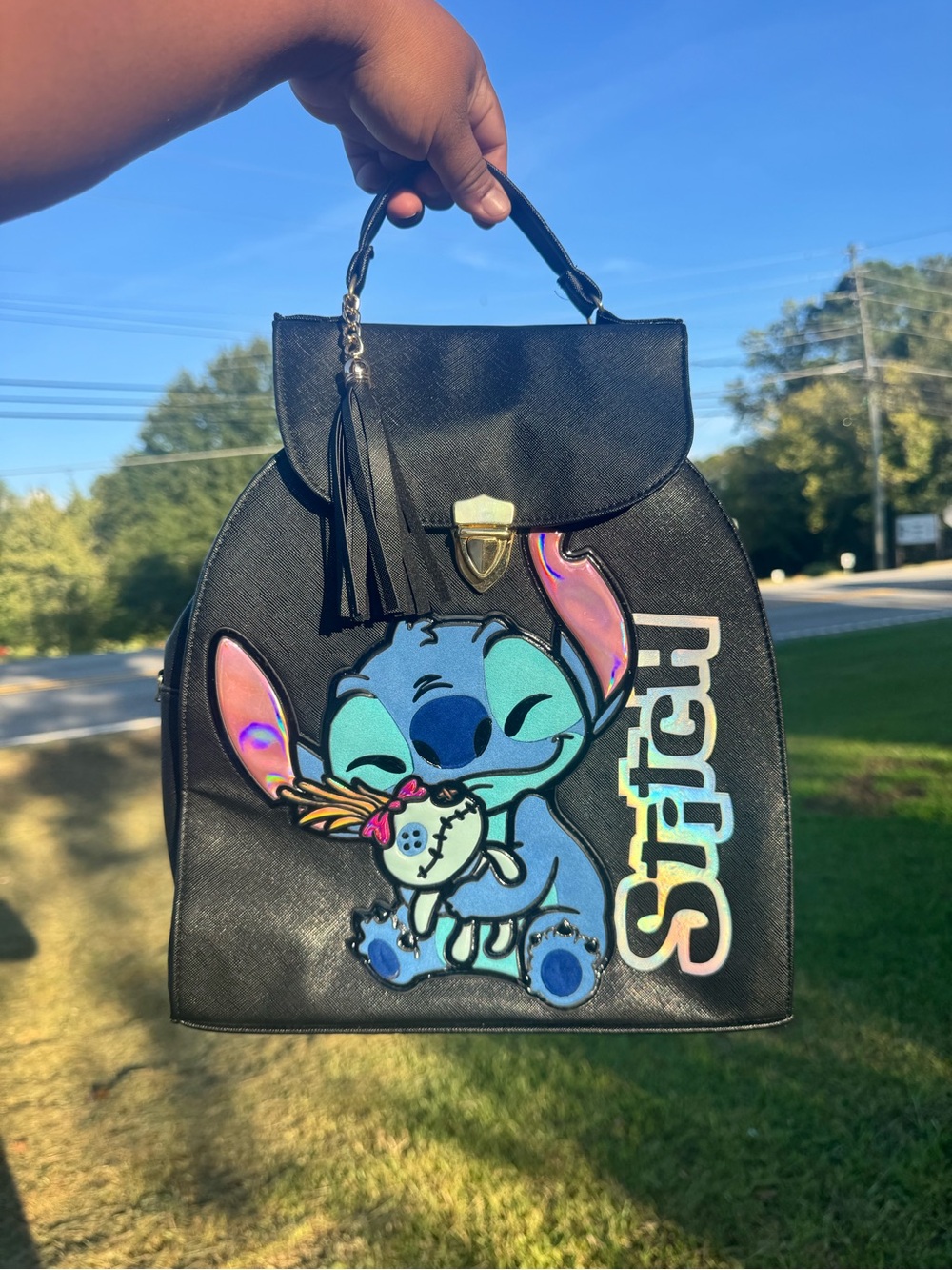 Love Stitch Black Faux Leather Backpack with Holographic Stitch Applique